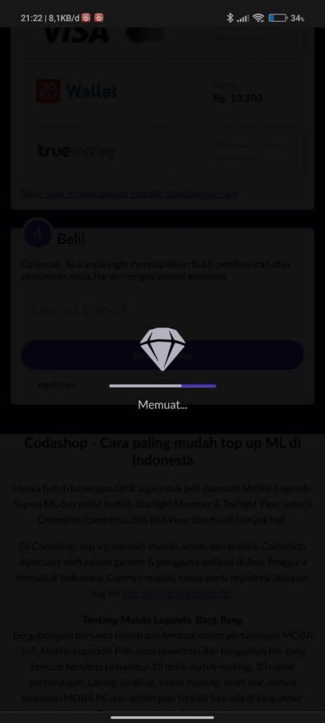 Loading proses topUp di aplikasi Codashop