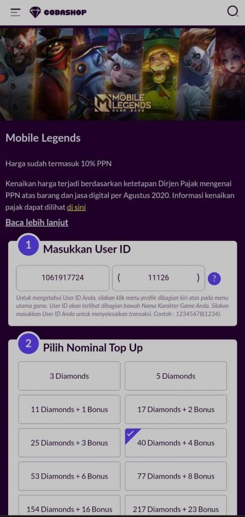 cara memasukkan Id Mobile Legend untuk top-up di codashop