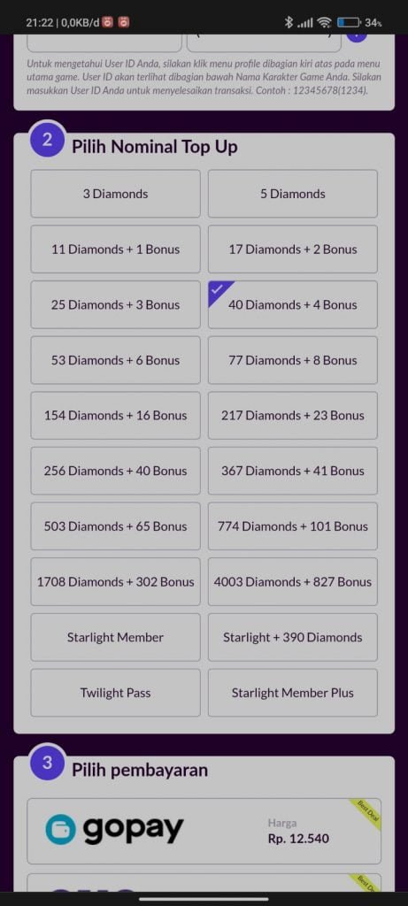 Memilih nominal Top Up game Mobile Legend di aplikasi Codashop