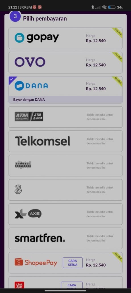 Memilih metode pembayaran yang akan dilakukan untuk Top-Up game mobile legend