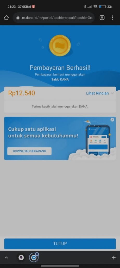 Bukti pembayaran berhasil Top-up Mobile legend melalui Codashop