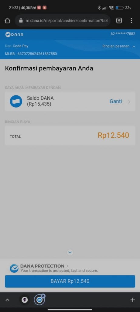 Konfirmasi transaksi pembayaran Mobile Legend di aplikasi Dana