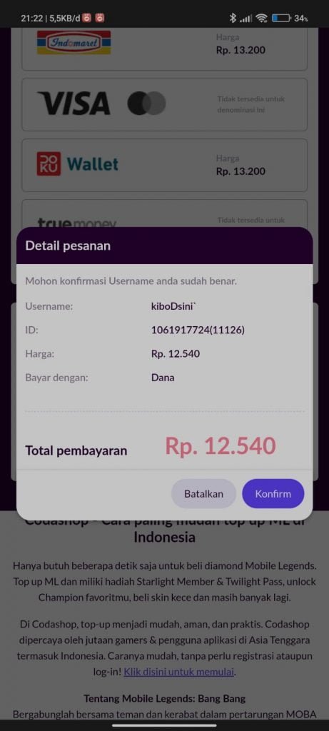 Konfirmasi pembayaran yang dilakukan di aplikasi Codashop